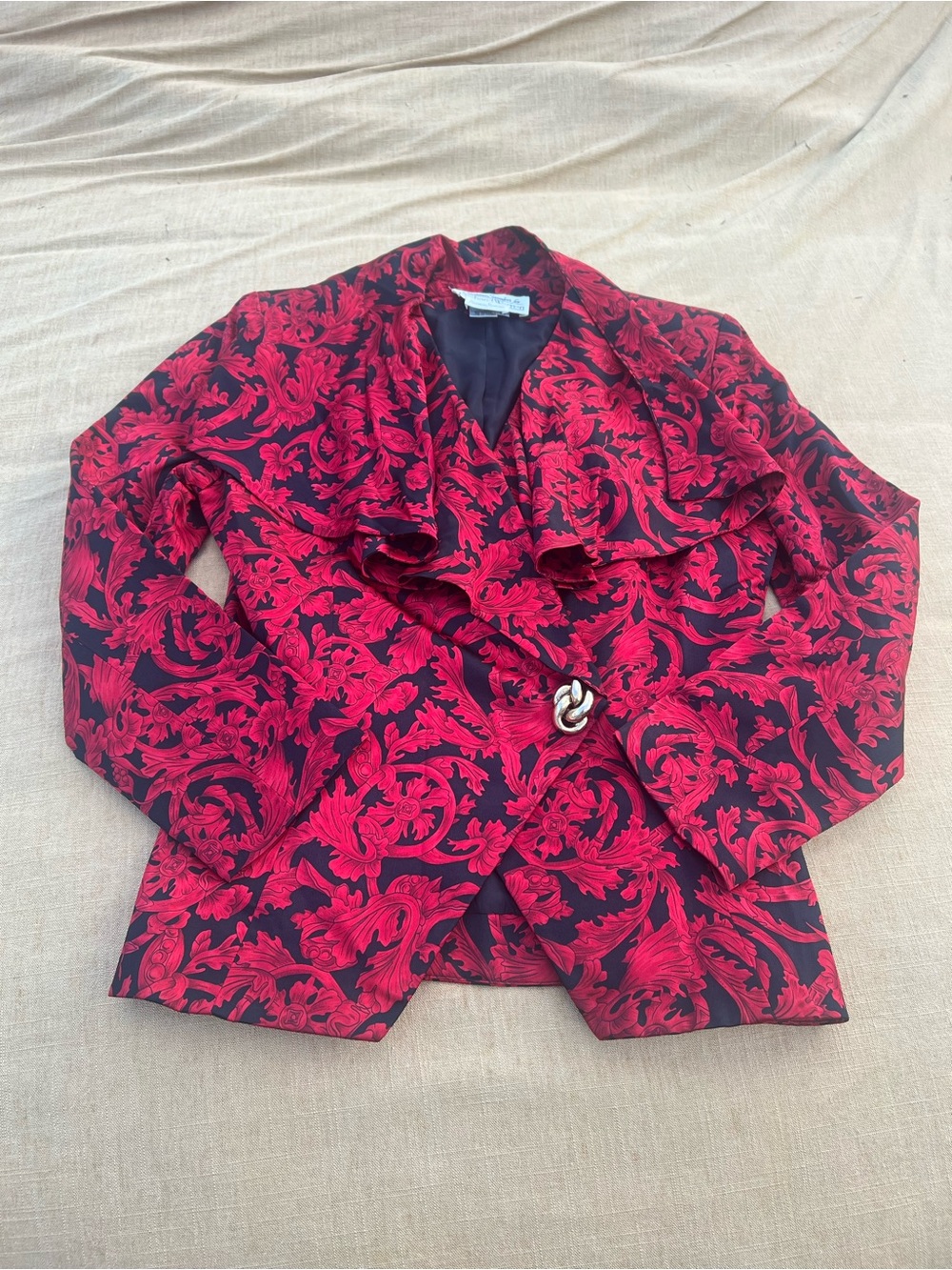 Vtg Constance Saunders Black/Red Silk Baroque Floral Blazer Size 10 Goth vibes